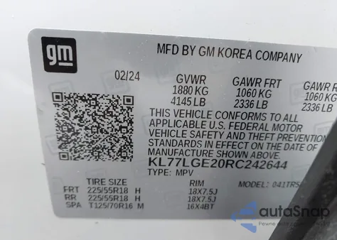 2024 Chevrolet Trax Fwd 1Rs z USA, uszkodzony, nr VIN KL77LGE20RC242644